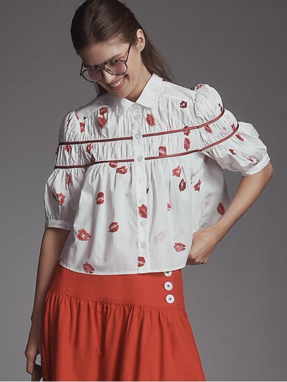 100% Cotton Anthropologie Maeve The Leandra Blouse (Kiss/Lipstick Print)